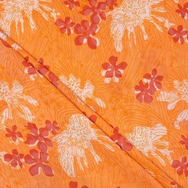 Orange Floral Cotton Hand Block Printed Dabu Fabric