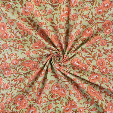 Orange Floral Organic Cotton Hand Block Print Fabric