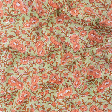 Orange Floral Organic Cotton Hand Block Print Fabric