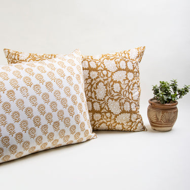 Yellow Flower Print Reversible Cotton Pillow Covers