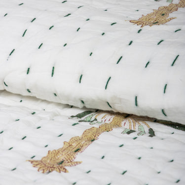 Palm Tree Print Jaipuri Block Print Kantha Quilt