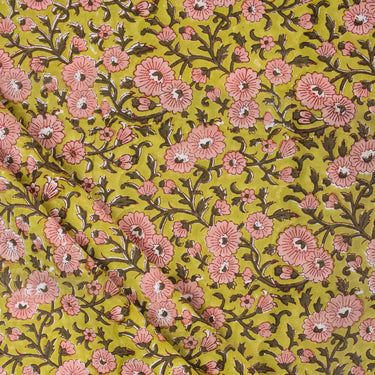 Pink Color Floral Hand Block Print Fabric