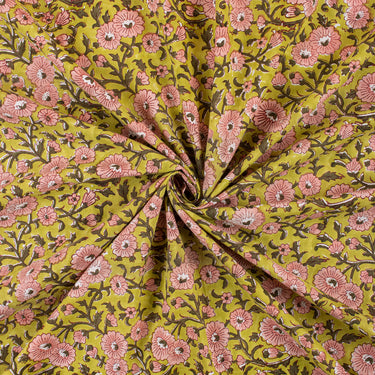 Pink Color Floral Hand Block Print Fabric