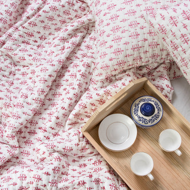 Pink Leaf Print Kantha Quilt Single & Double Bed