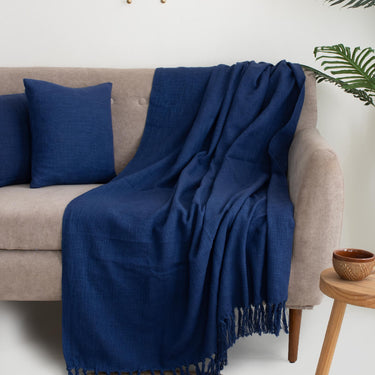 Plain Blue Sofa Throw Blanket with 2 Cushion Cover - Gift for Home Use