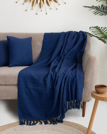 Plain Blue Sofa Throw Blanket with 2 Cushion Cover - Gift for Home Use