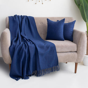 Plain Blue Sofa Throw Blanket with 2 Cushion Cover - Gift for Home Use