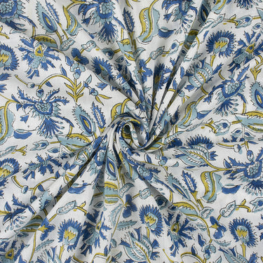 Premium Blue Floral Hand Block Printed Cotton Fabric