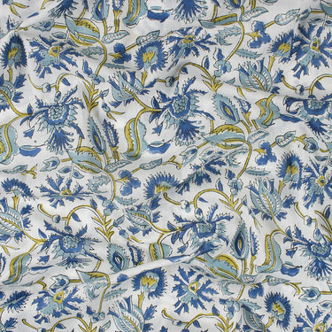 Premium Blue Floral Hand Block Printed Cotton Fabric