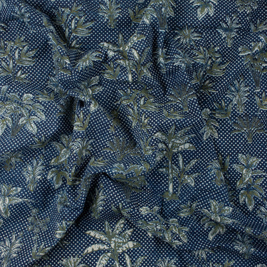 Premium Floral Hand Block Print Indigo Cotton Fabric