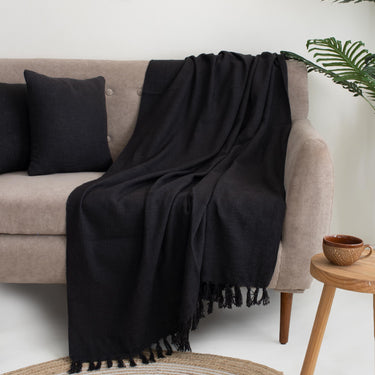 Premium Soft Black Cotton Plain Sofa Throw with Two Cushion Cover - Weddings Gifts for Couples