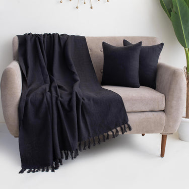 Premium Soft Black Cotton Plain Sofa Throw with Two Cushion Cover - Weddings Gifts for Couples