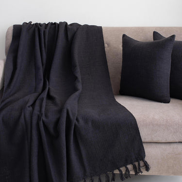 Premium Soft Black Cotton Plain Sofa Throw with Two Cushion Cover - Weddings Gifts for Couples