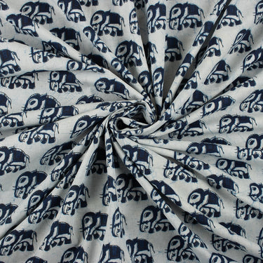 Pure Cotton Elephant Indigo Hand Block Print Fabric Perfect for Kurta