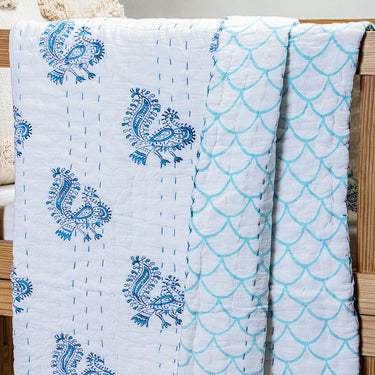 Quality Organic Cotton Kantha Small Baby Blankets Peacock Printed