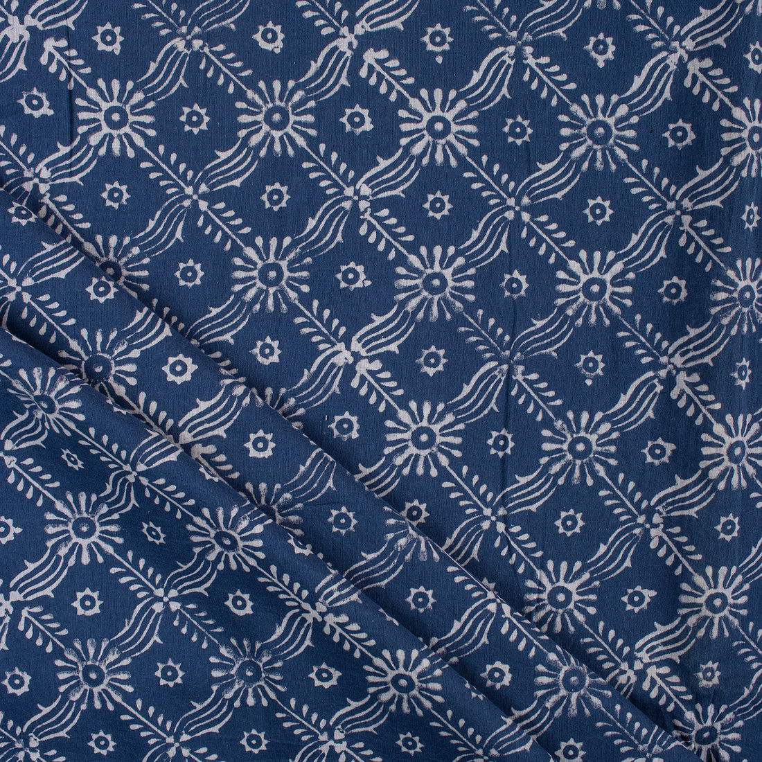 Indigo Floral Printed Discharge Cotton Fabric