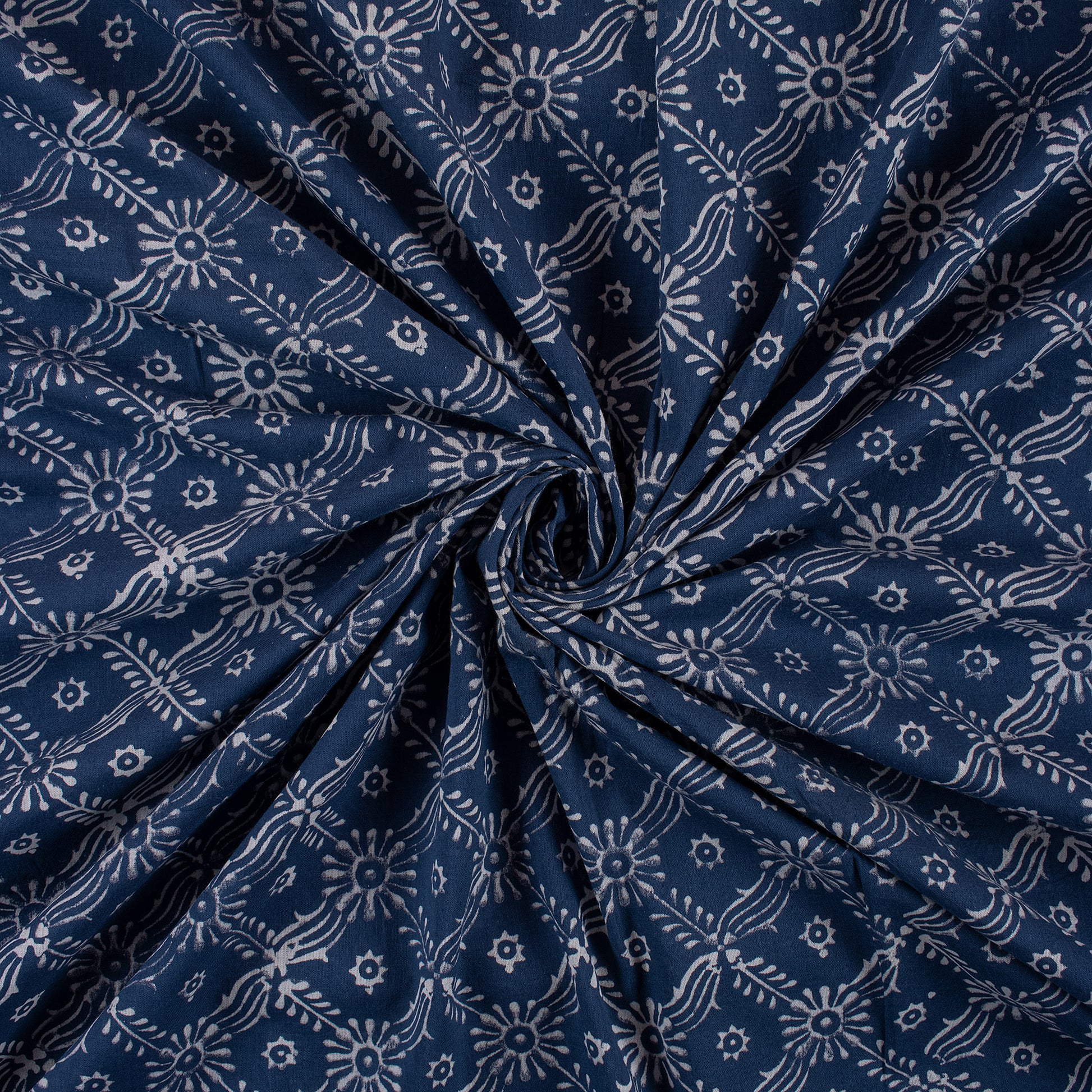 Indigo Floral Printed Discharge Cotton Fabric