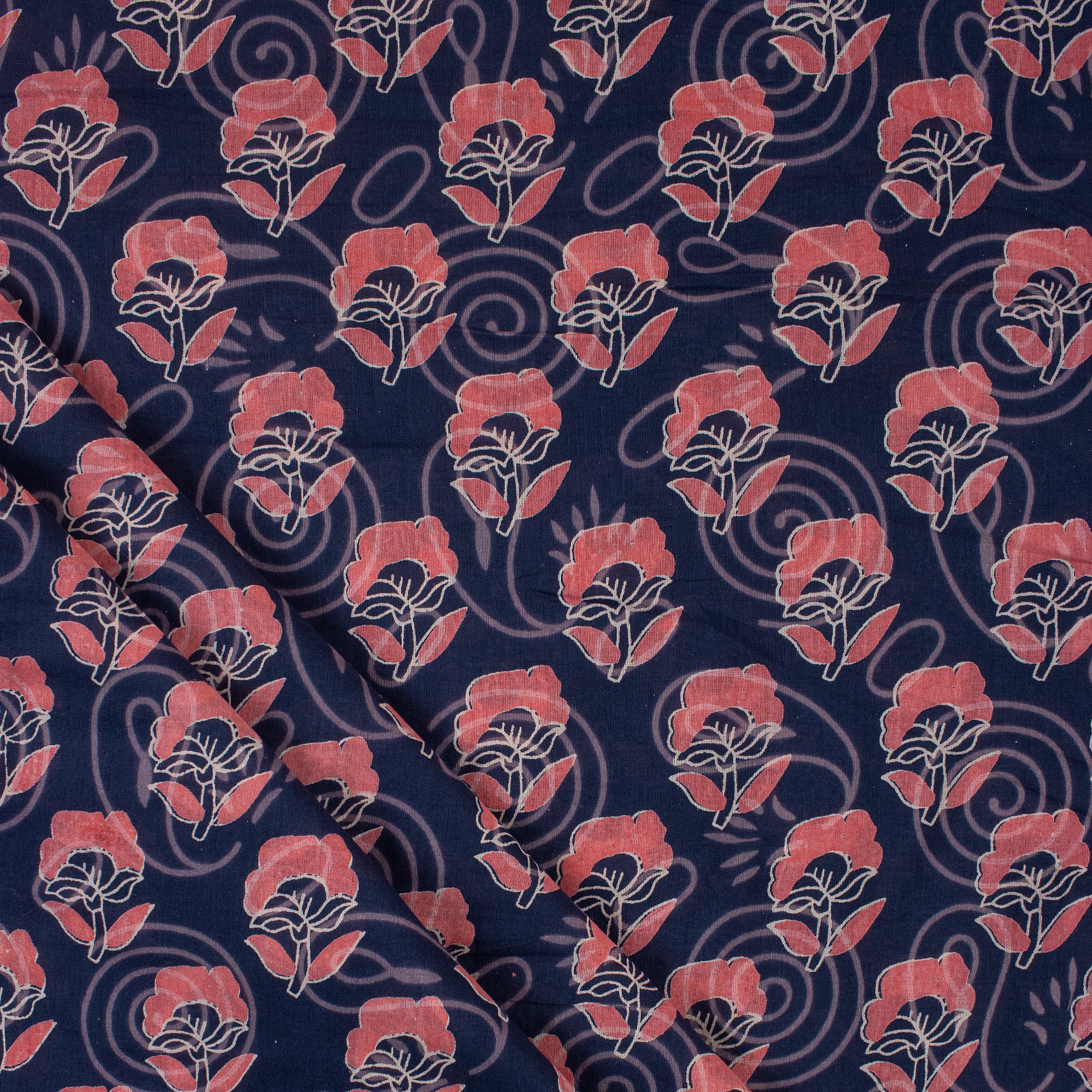 Indigo Floral Block Printed Cotton Fabric Material