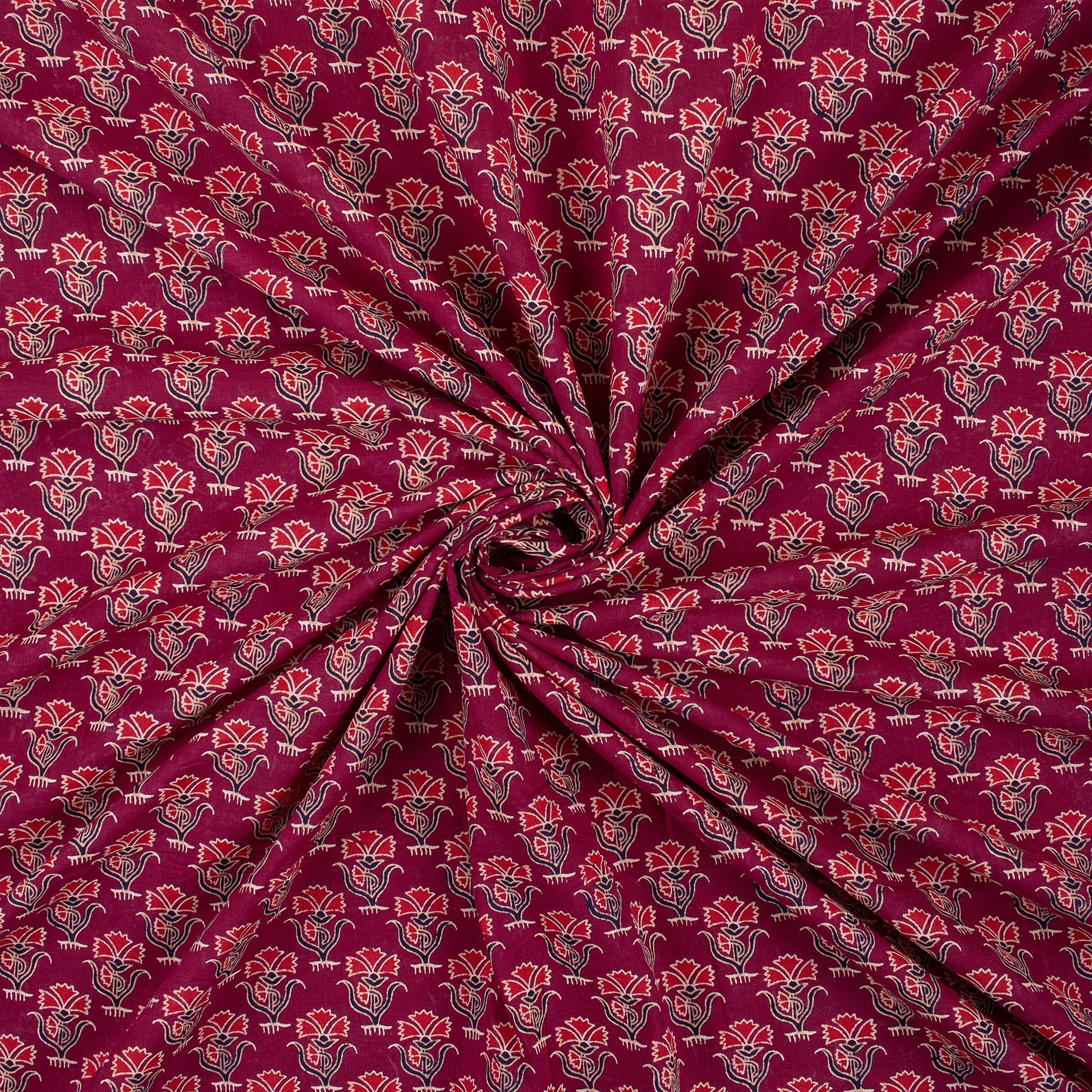 Hand Block Floral Print Maroon Cotton Ajrakh Fabric