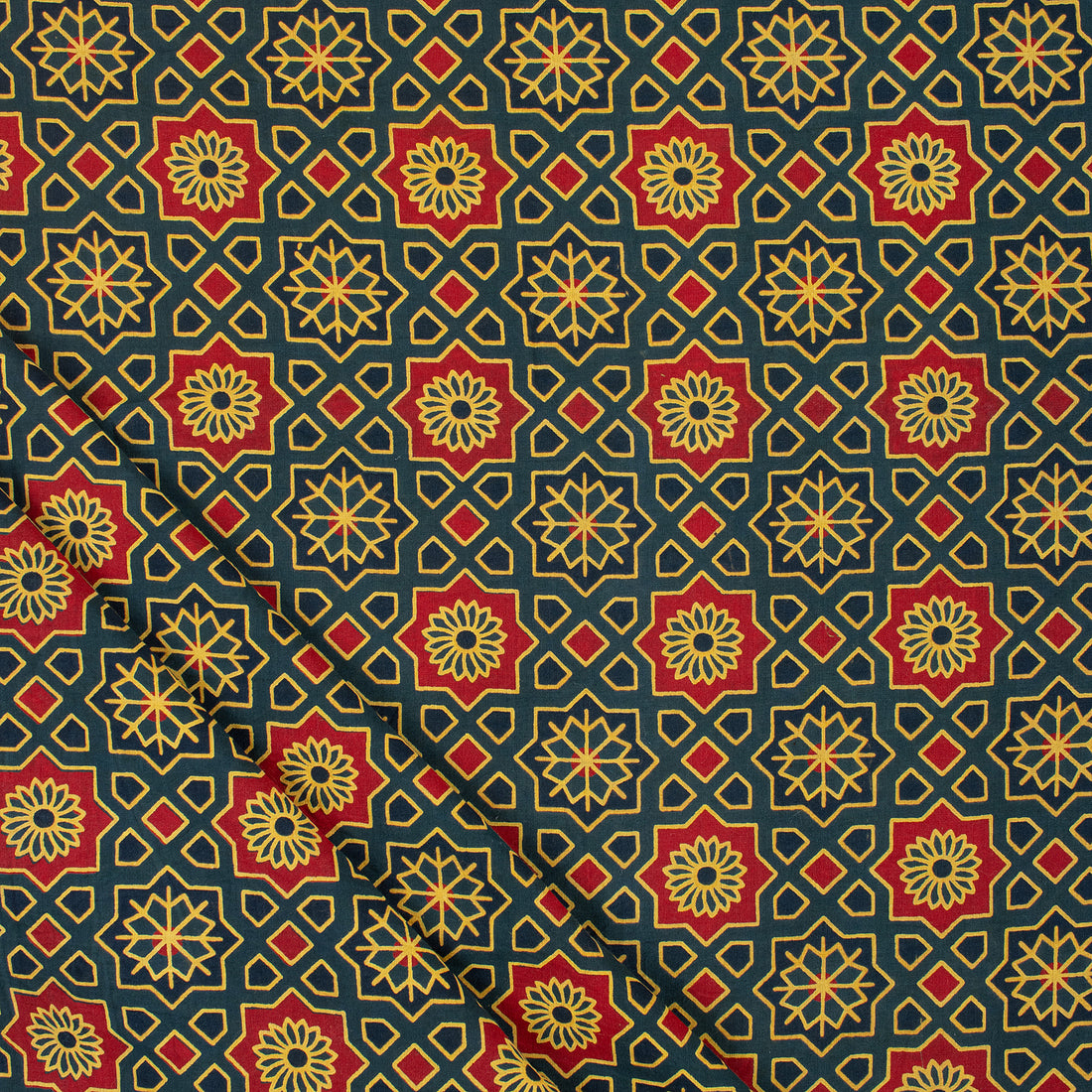 Green Hand Block Floral Ajrakh Print Cotton Fabric Online