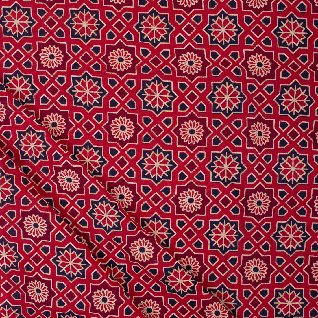 Red Floral Block Printed Pure Cotton Sindhi Ajrak Fabric Online