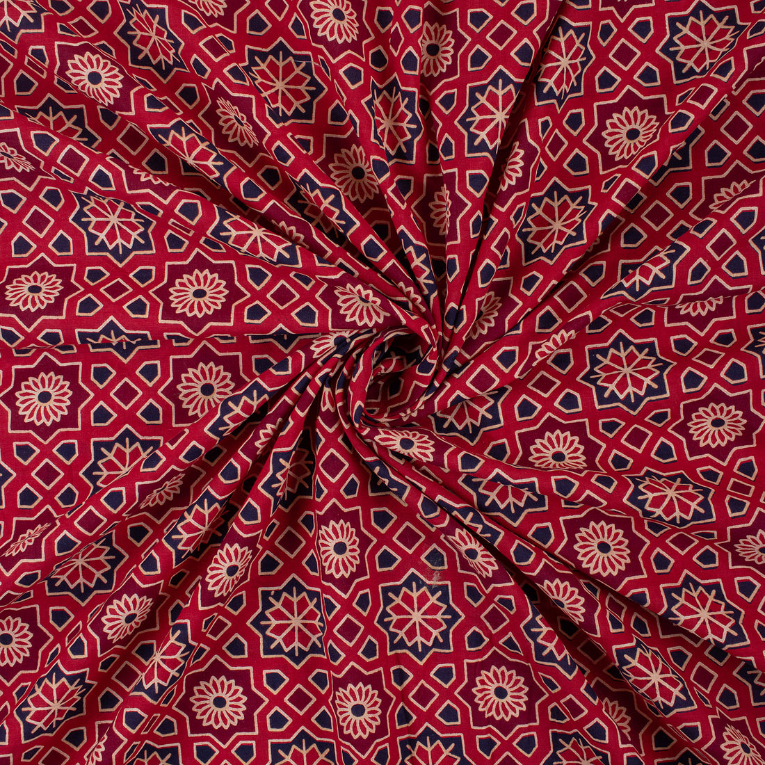 Red Floral Block Printed Pure Cotton Sindhi Ajrak Fabric Online