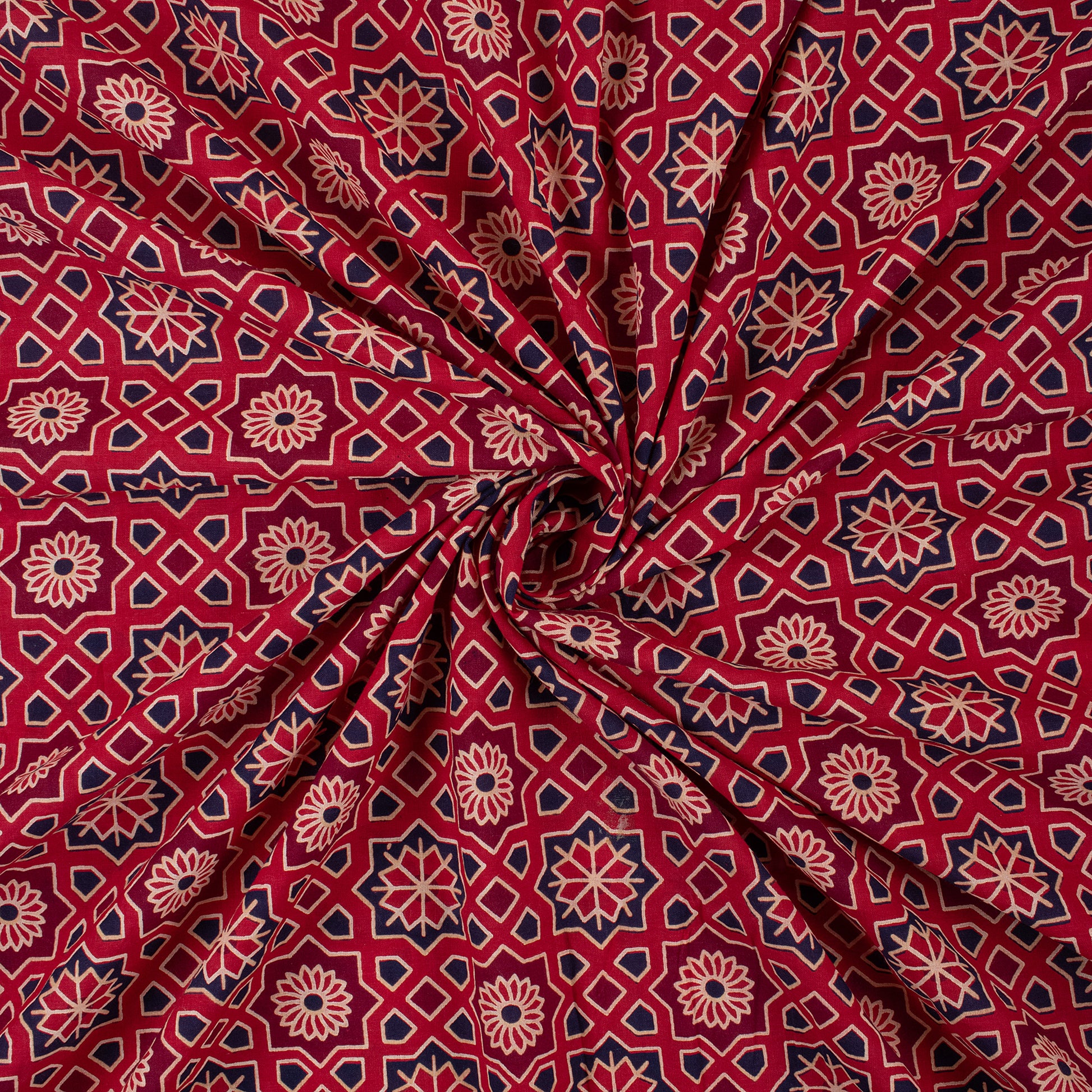 Red Floral Block Printed Pure Cotton Sindhi Ajrak Fabric Online