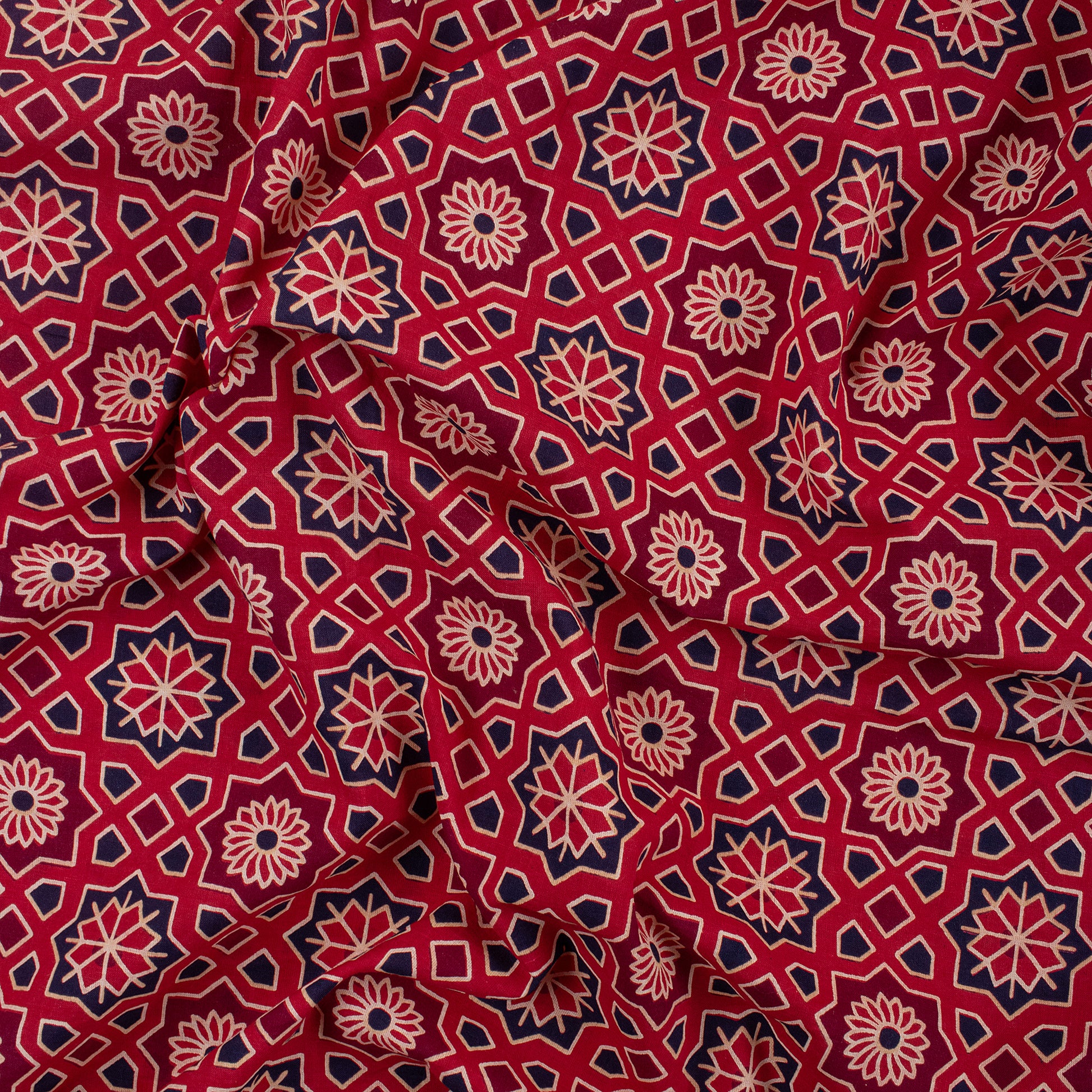 Red Floral Block Printed Pure Cotton Sindhi Ajrak Fabric Online