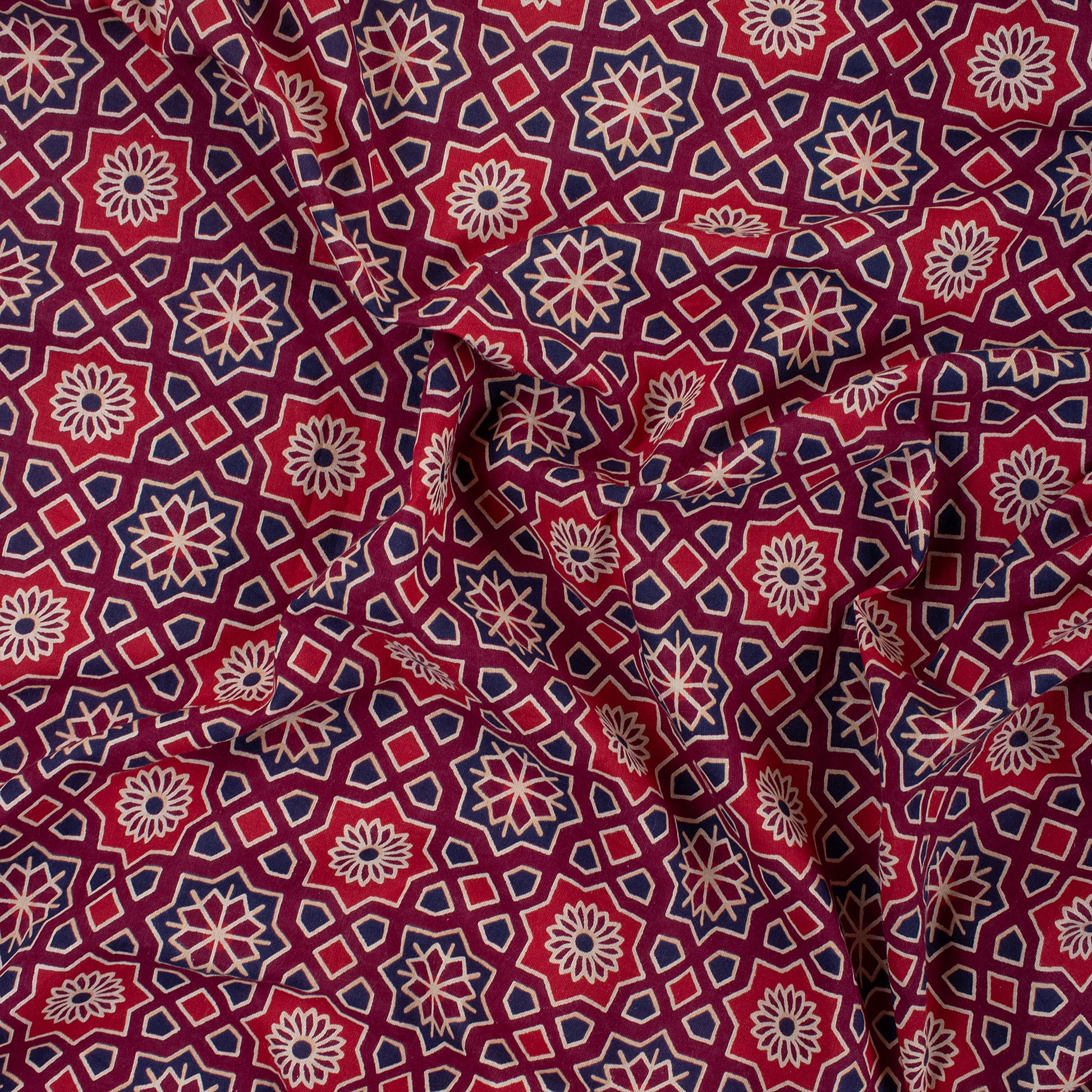 Geometrical Block Printed Cotton Ajrakh Dress Material Fabric Online