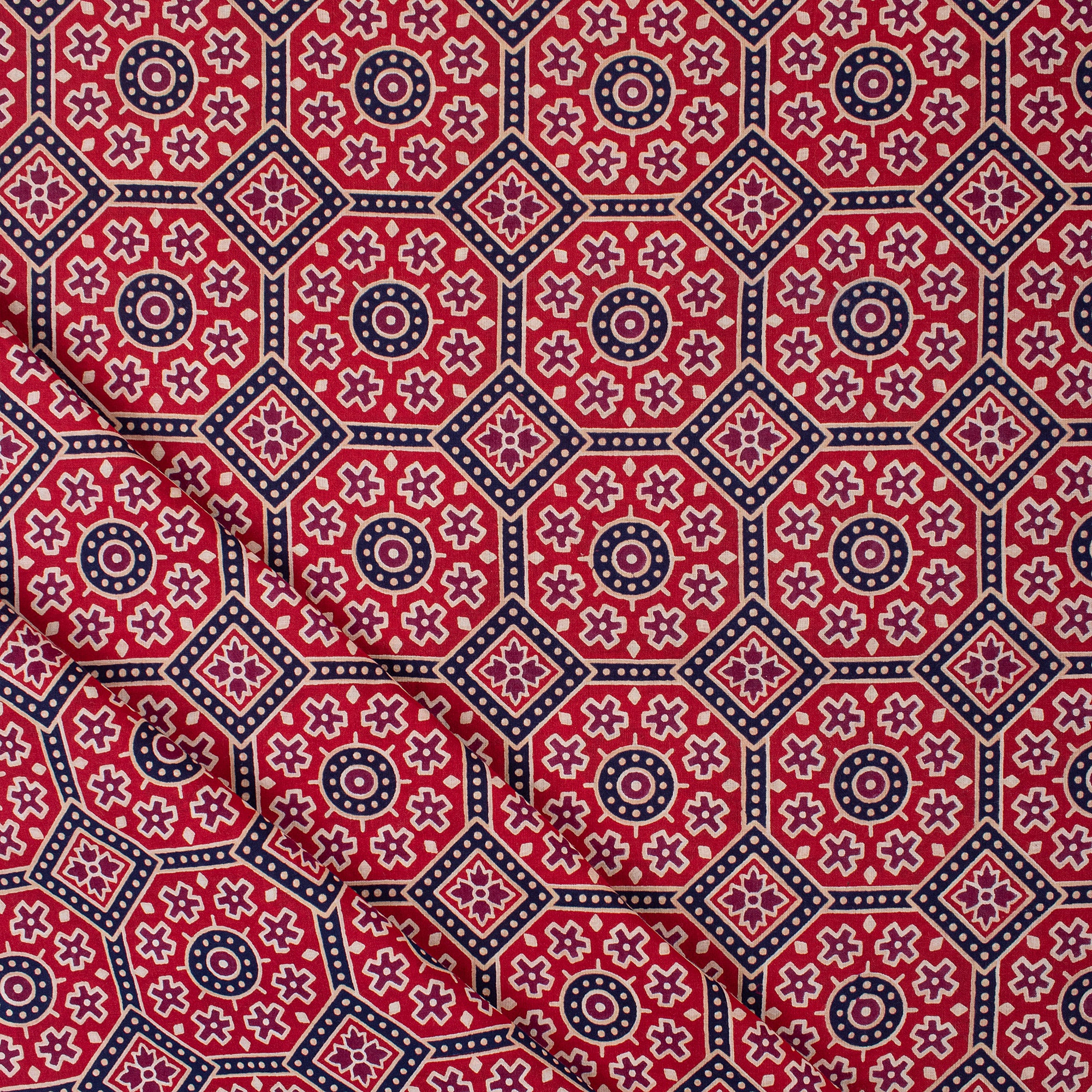 Handmade Geometrical block Cotton Ajrakh Print Fabric Online