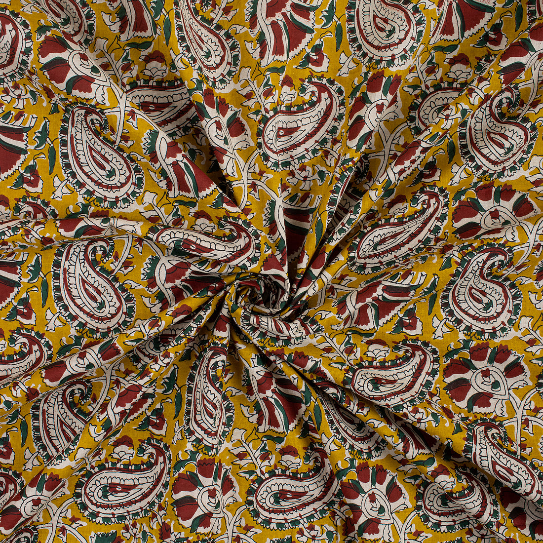 Yellow Hand Block Paisley Bagru Print Fabric Best Prices Online