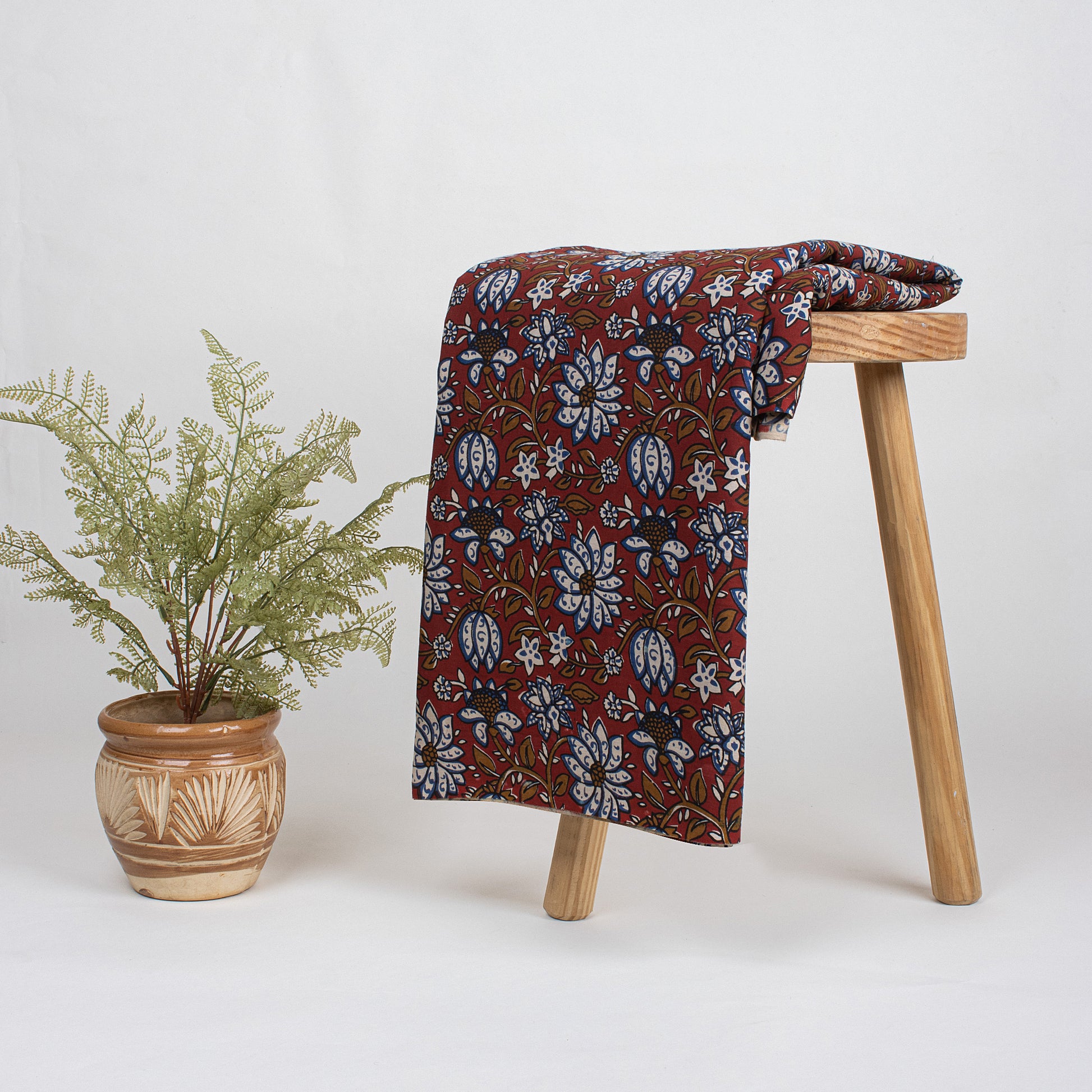 Maroon Hand Block Floral Printed Cotton Bagru Fabric Online