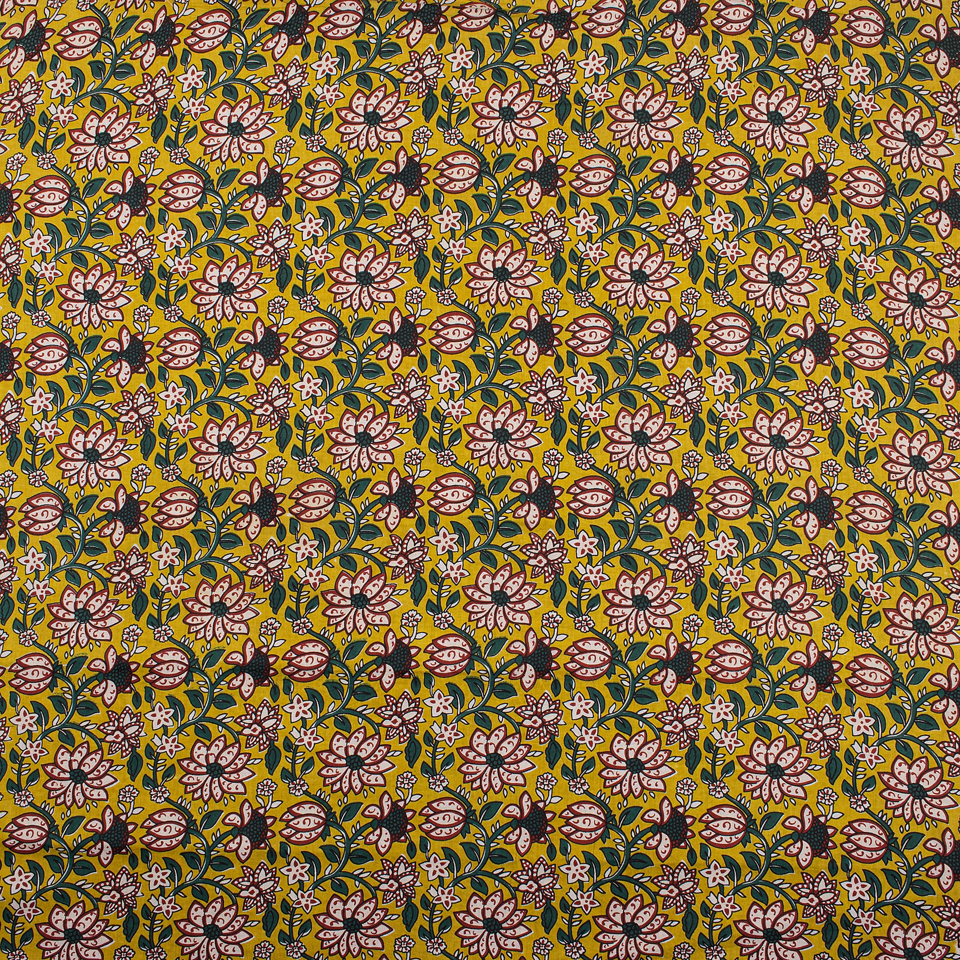 Yellow Block Floral Cotton Bagru Print Fabric Online