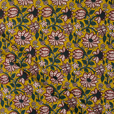 Yellow Block Floral Cotton Bagru Print Fabric Online