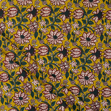 Yellow Block Floral Cotton Bagru Print Fabric Online