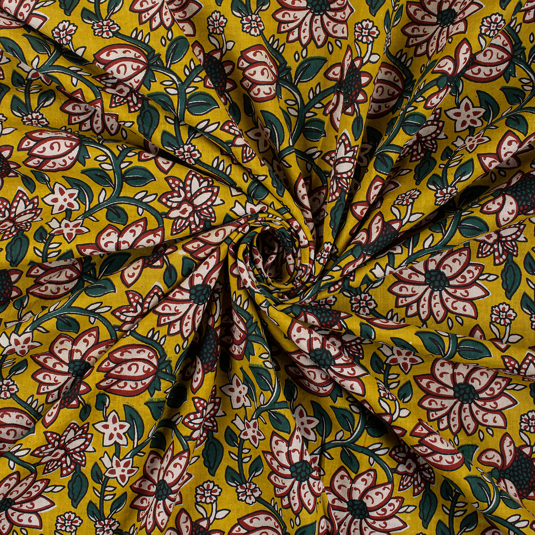 Yellow Block Floral Cotton Bagru Print Fabric Online