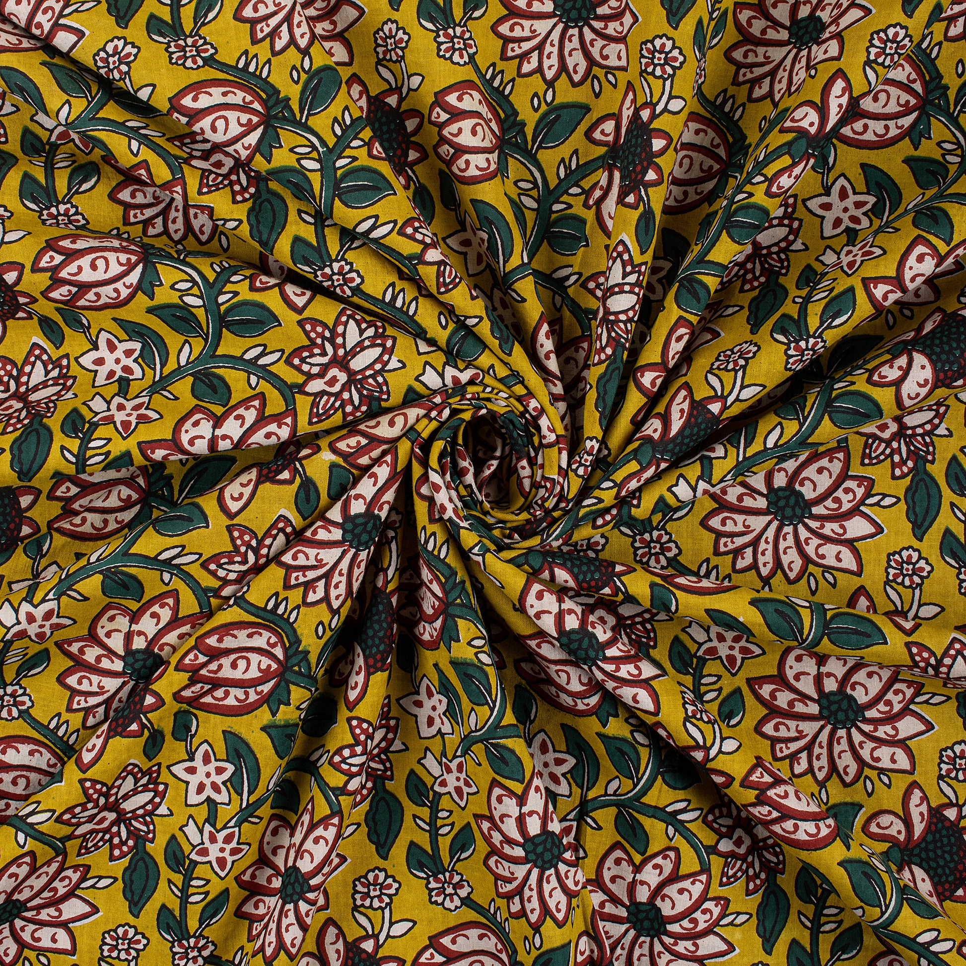 Yellow Block Floral Cotton Bagru Print Fabric Online