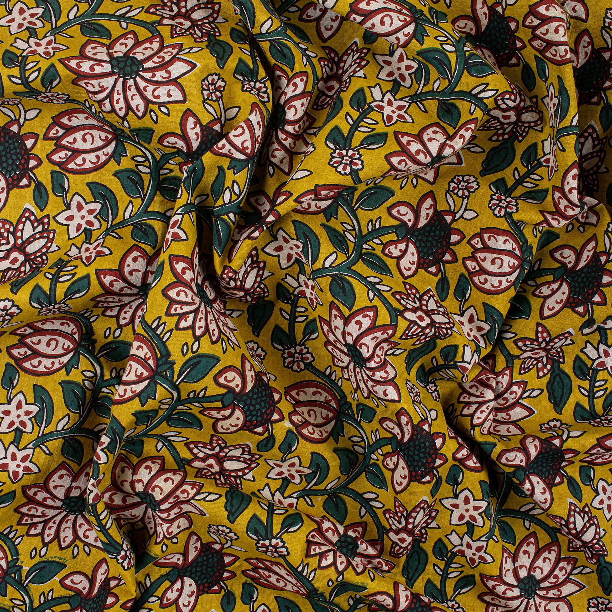 Yellow Block Floral Cotton Bagru Print Fabric Online