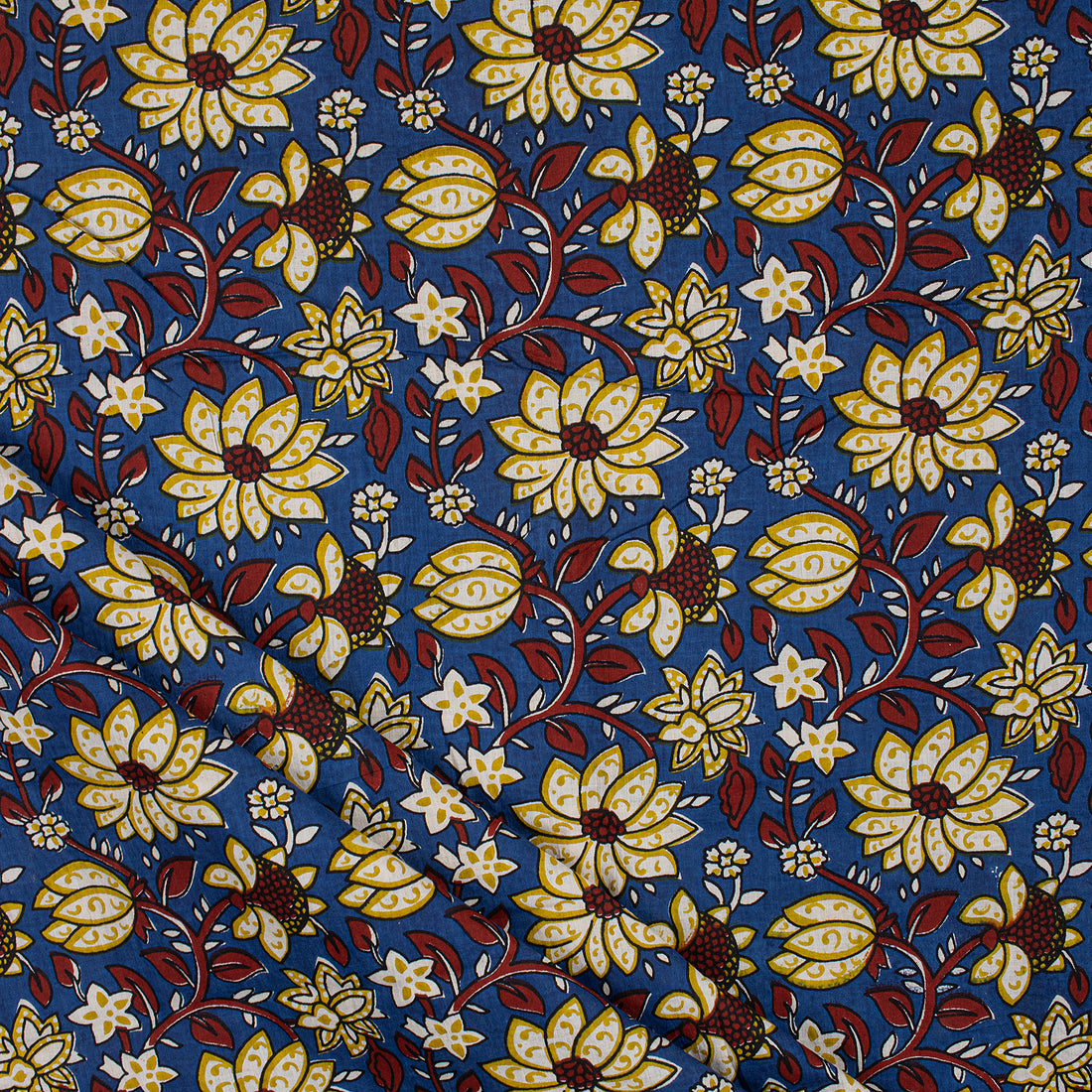Blue Hand Block Floral Cotton Bagru Print Fabric In Jaipur