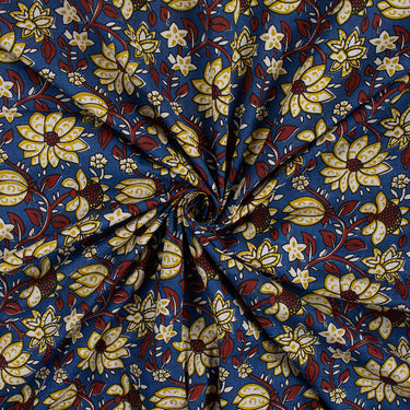 Blue Hand Block Floral Cotton Bagru Print Fabric In Jaipur