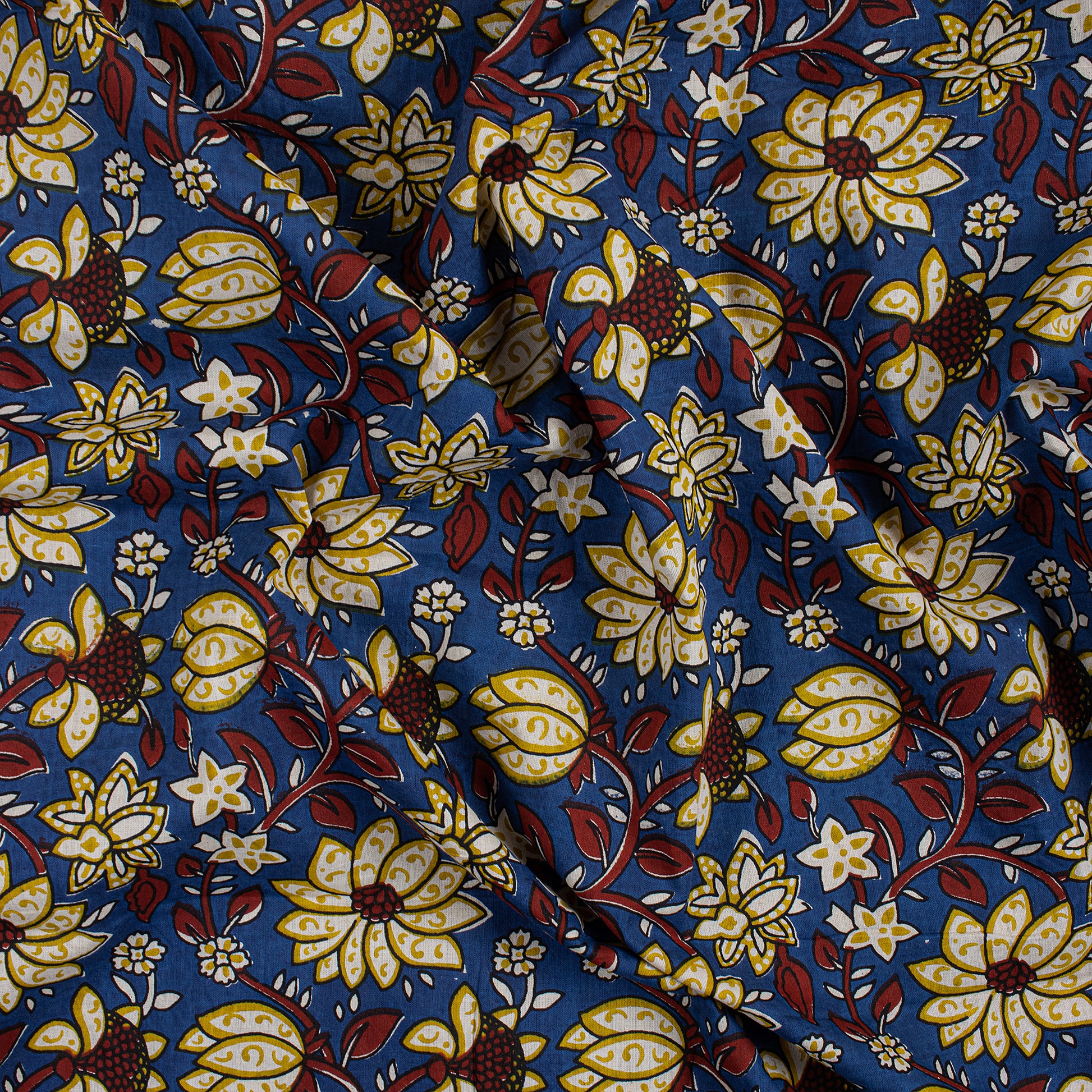 Blue Hand Block Floral Cotton Bagru Print Fabric In Jaipur