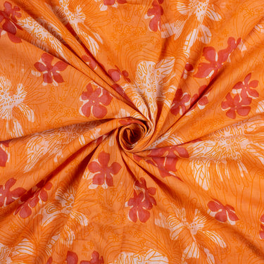 Orange Floral Cotton Hand Block Printed Dabu Fabric
