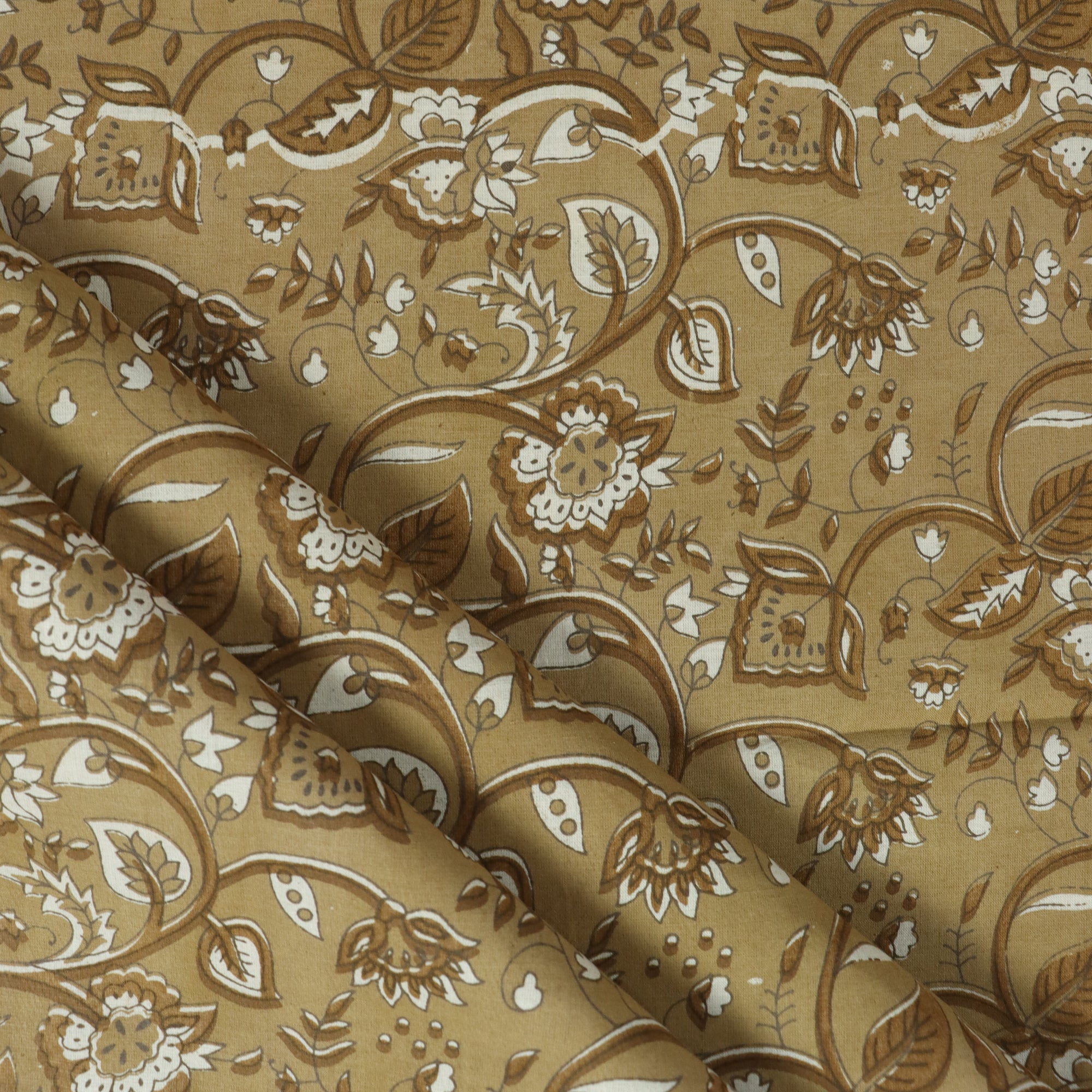 Brown Hand Block Floral Dabu Print Fabric For Dress