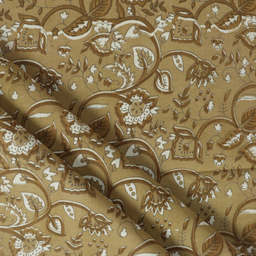 Brown Hand Block Floral Dabu Print Fabric For Dress