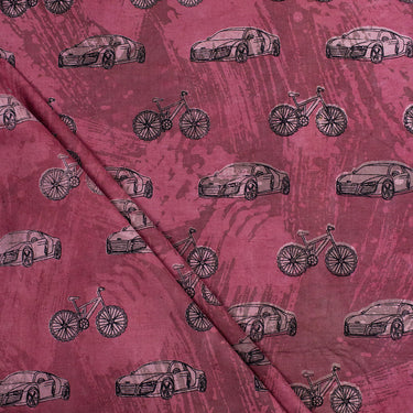 Cycle and Car Dabu Print Pure Cotton Fabric