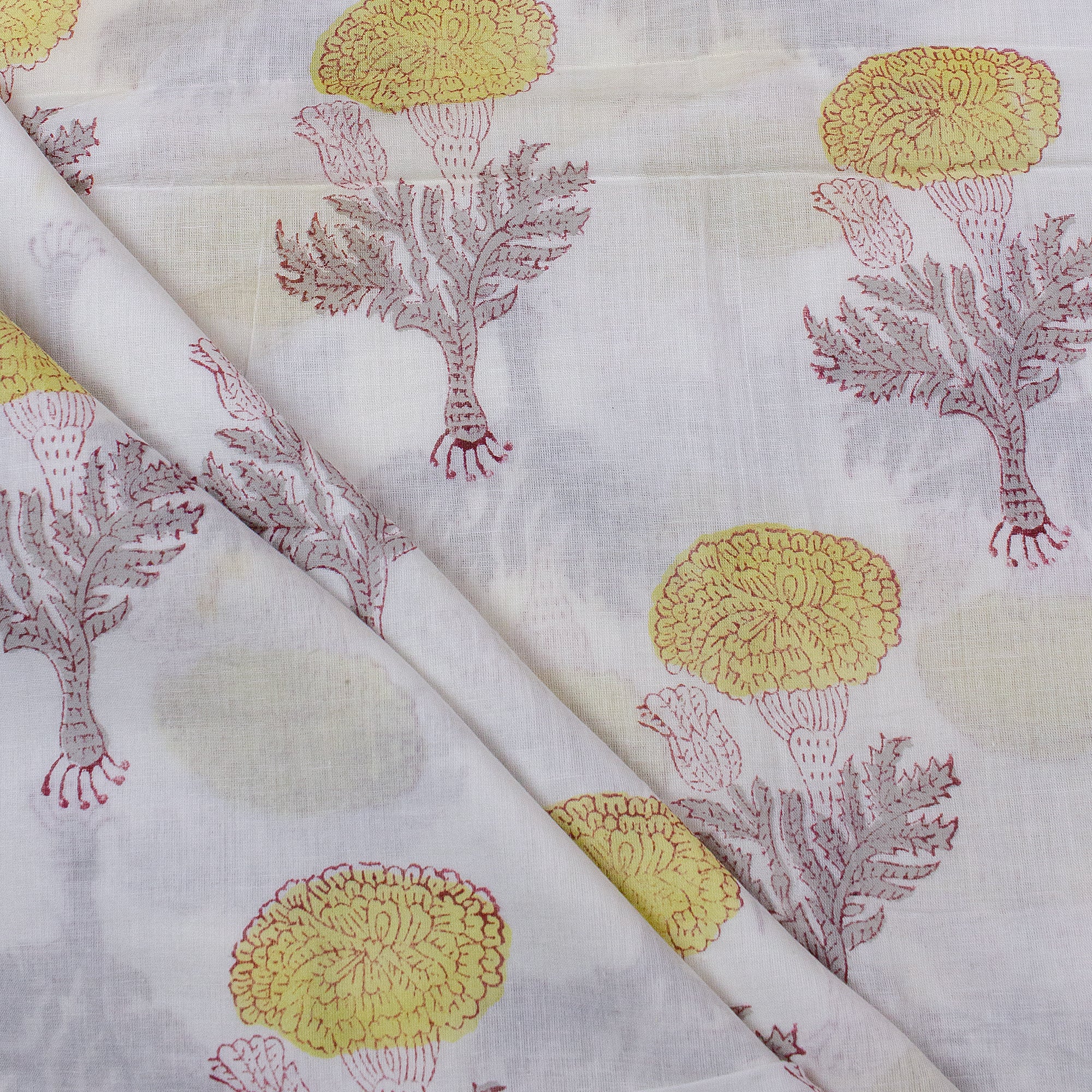 Yellow Floral Cotton Block Pirnt Silk Fabric Online