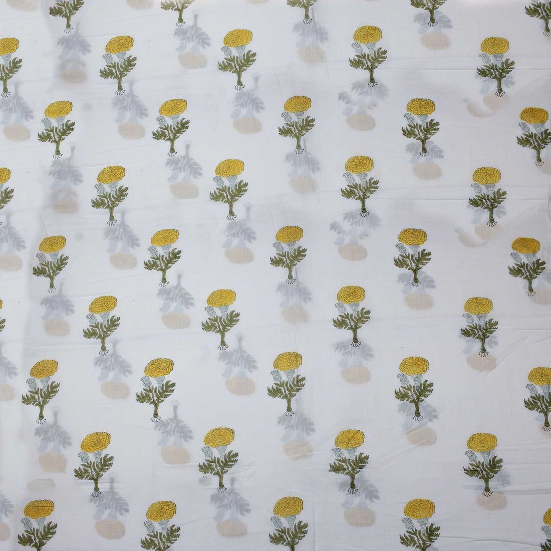 Yellow Floral Cotton Hand Blocked Fabric 