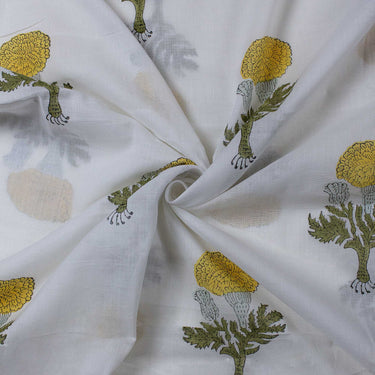 Yellow Floral Cotton Hand Blocked Fabric 