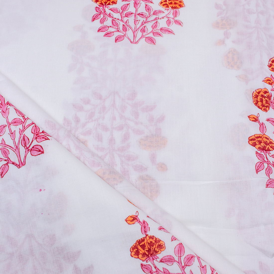 Pink Floral Hand Printed Cotton Fabric