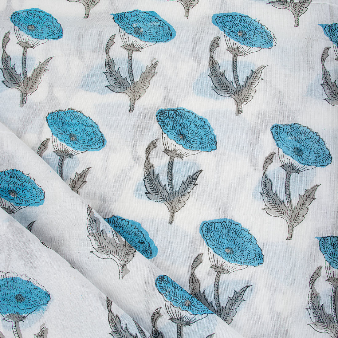 Sky Blue Floral Hand-Printed Textiles Fabric For Dress Material